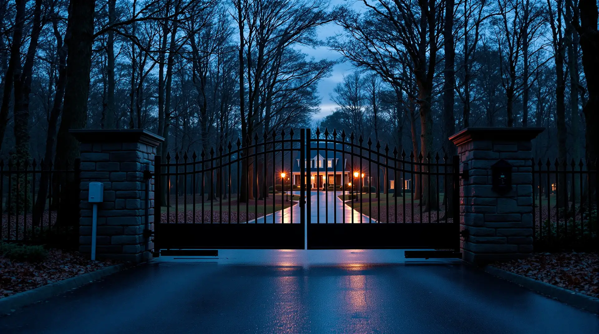Black steel double driveway gate between stone pillars at dusk, partly open, with a swing-arm opener