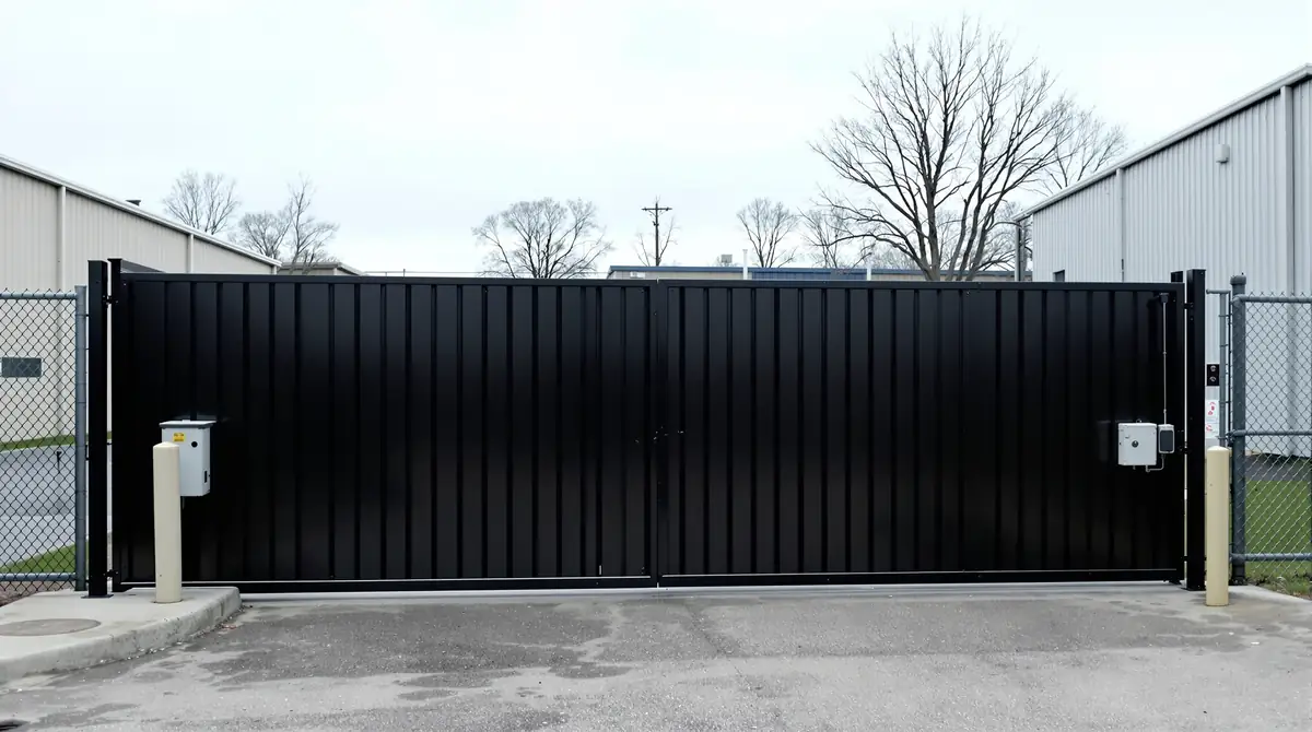 Black steel commercial sliding gate across the entrance of a light-industrial lot, with an operator box on a concrete pad