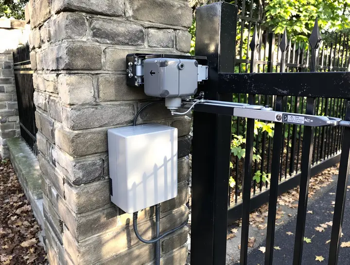 Grey swing-arm gate operator bolted to a stone pillar and a black steel driveway gate, with a control box below